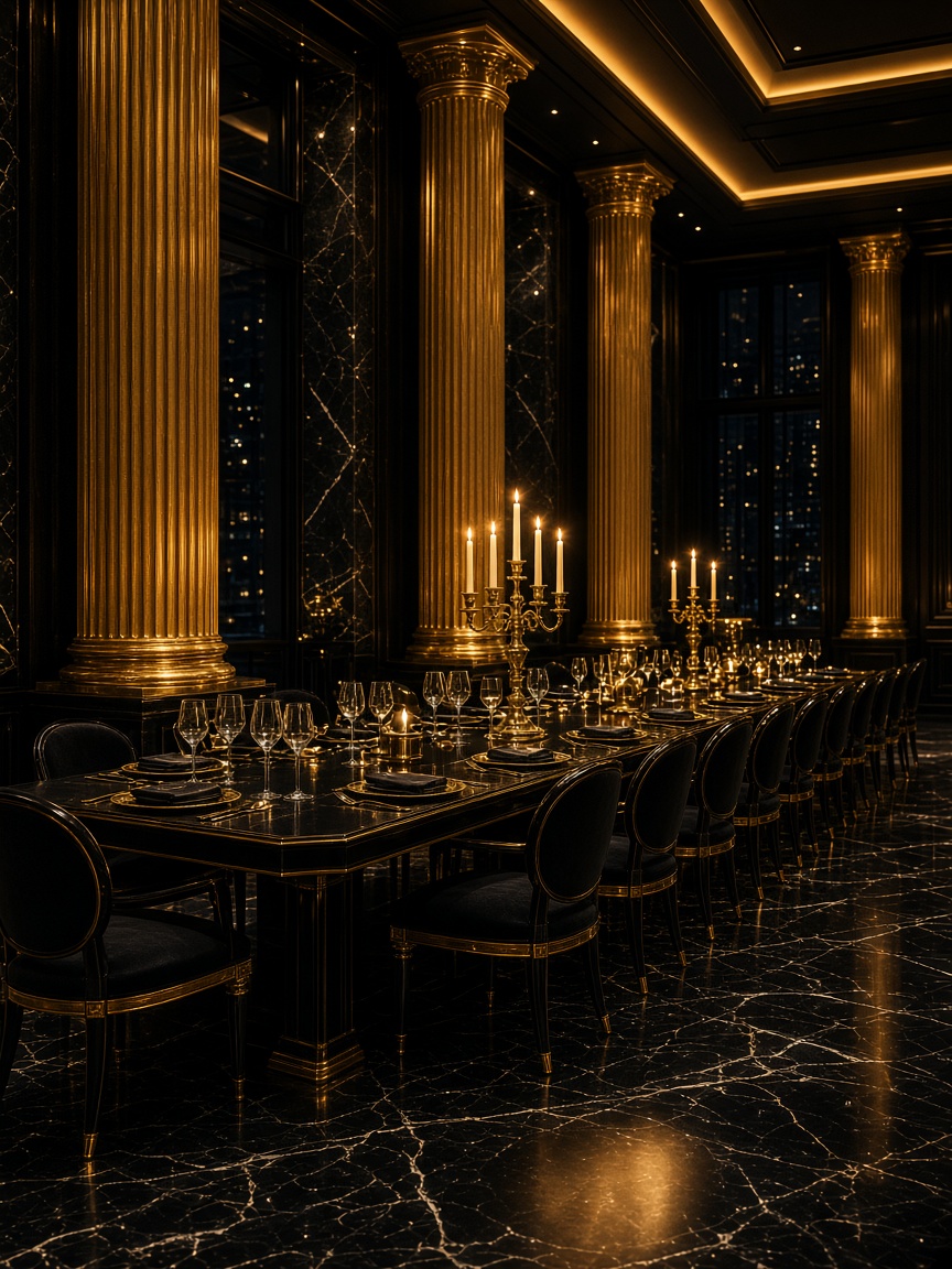 Candlelit private dining hall in black and gold beneath a palatial arch
