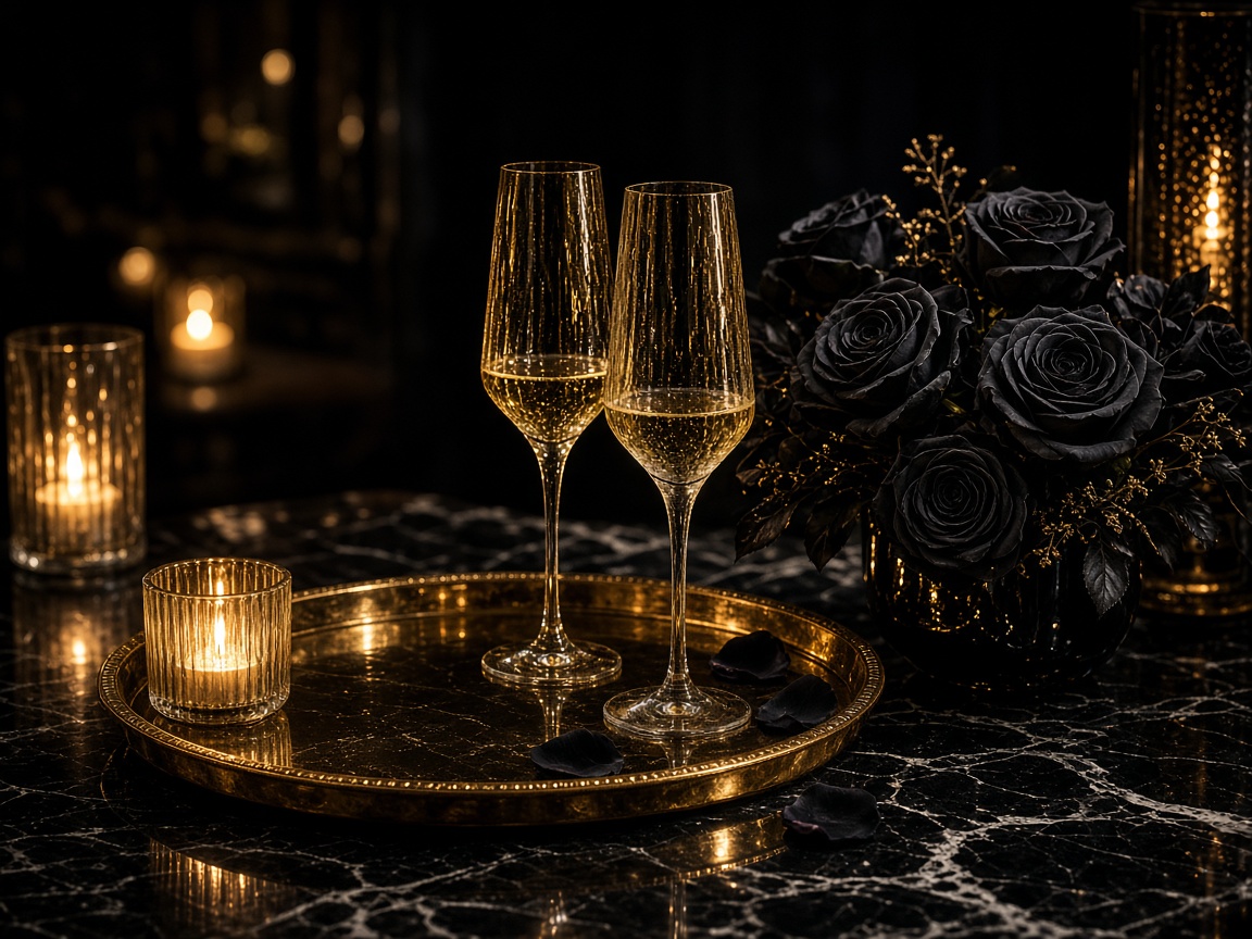 Two champagne flutes on black linen with gold roses