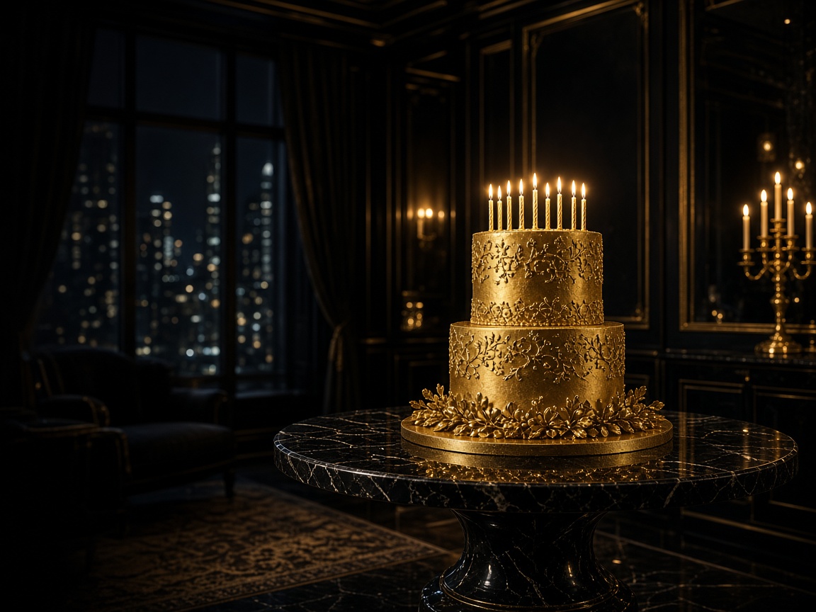 Gold cake stand and candles in a dark salon