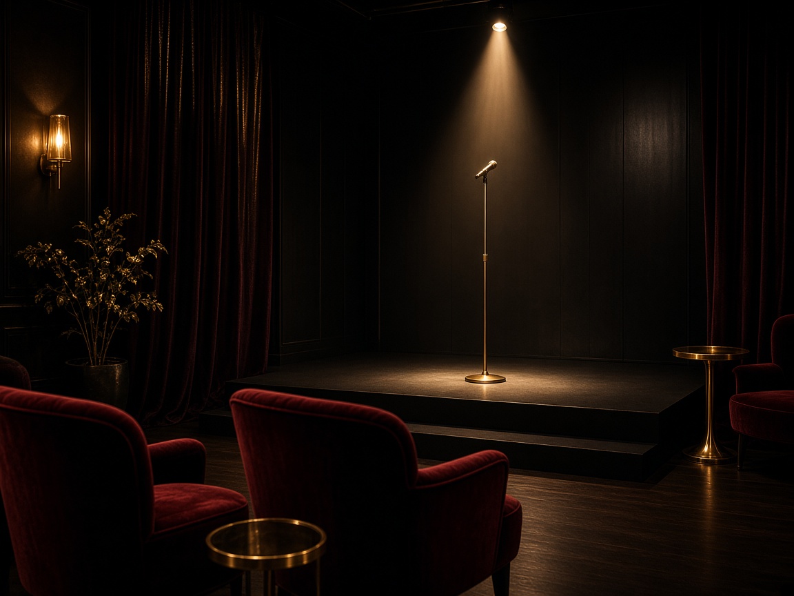Empty concert hall with gold-lit stage and black velvet seats