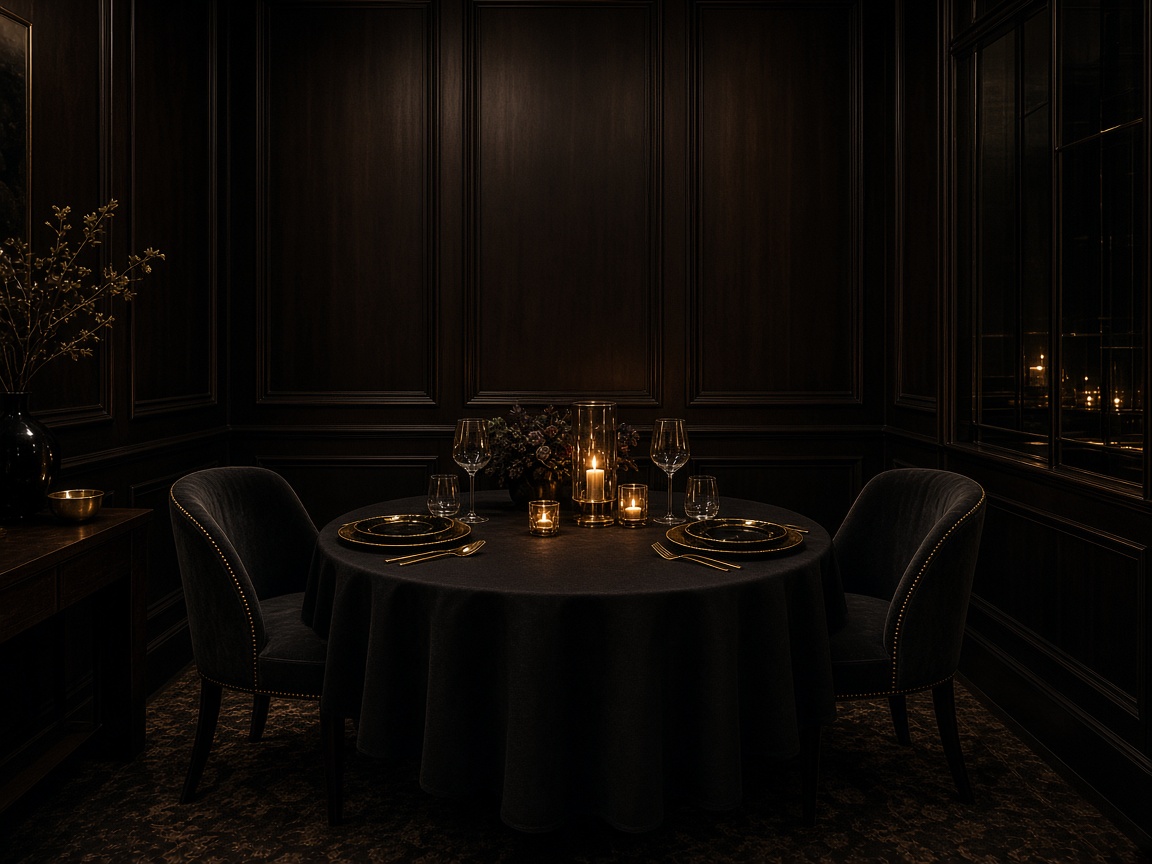 Chef’s table in a dark private dining room with gold place settings