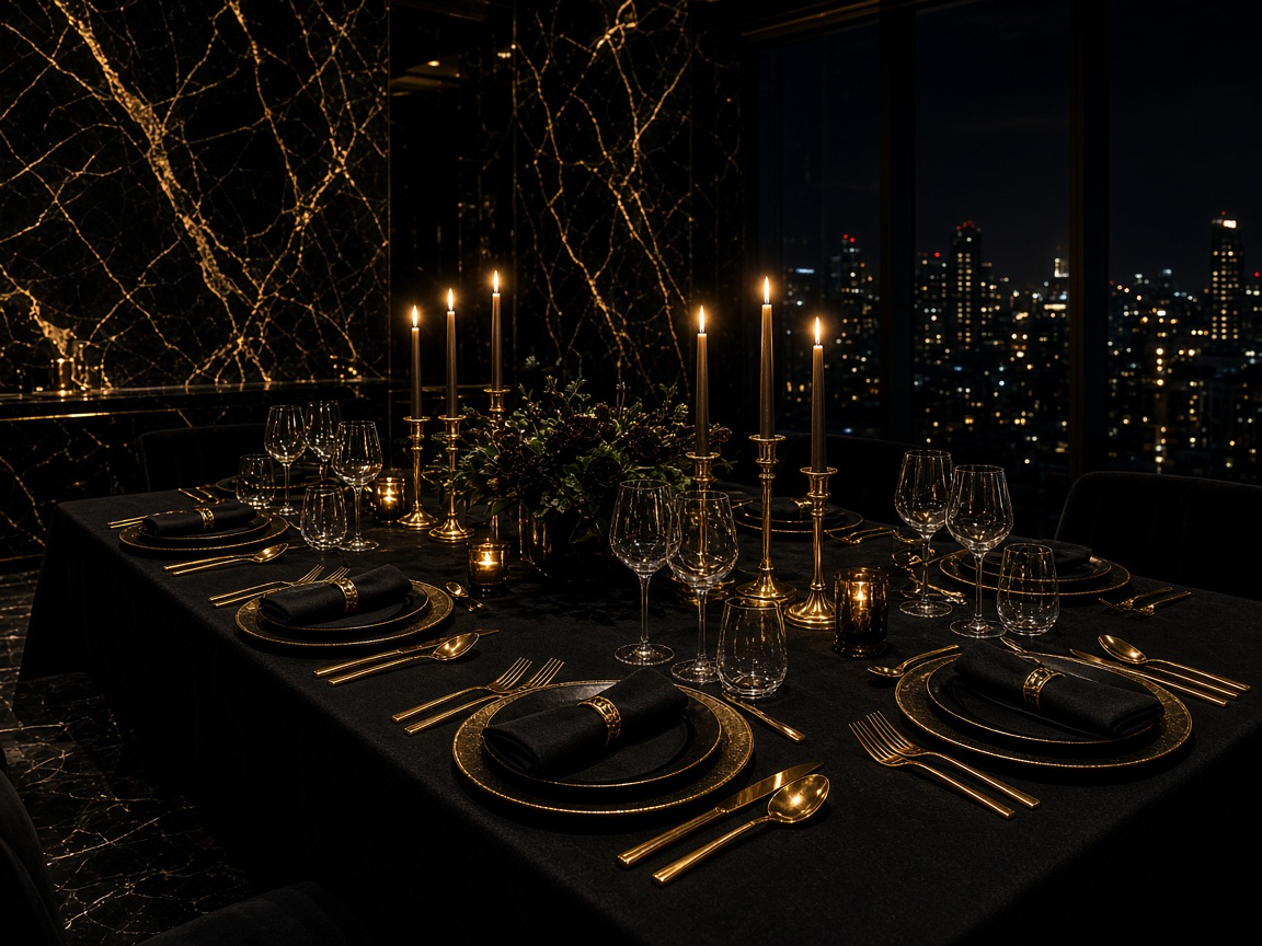 Long candlelit dining table set in black and gold with empty chairs