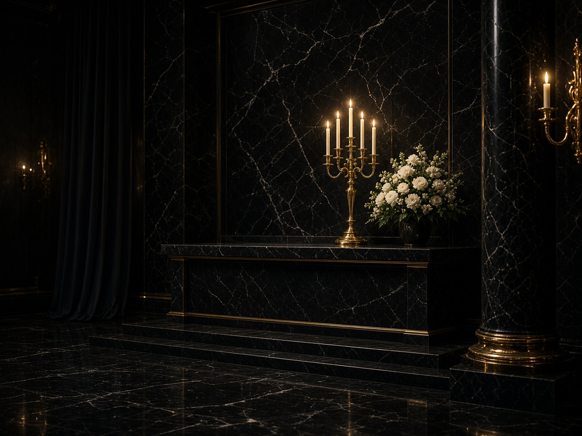 Single gold candle and white flowers on a black pedestal