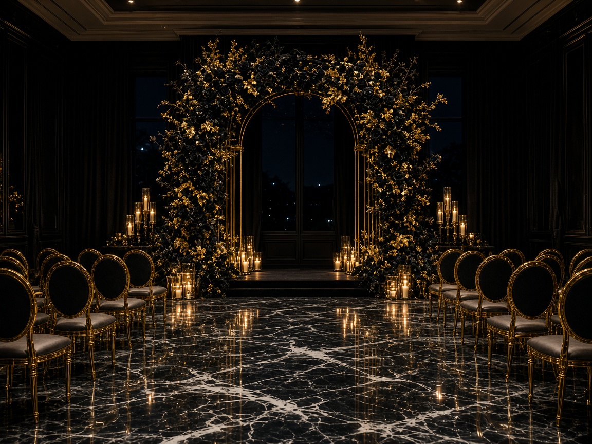 Gold wedding arch in an empty black hall with candlelight