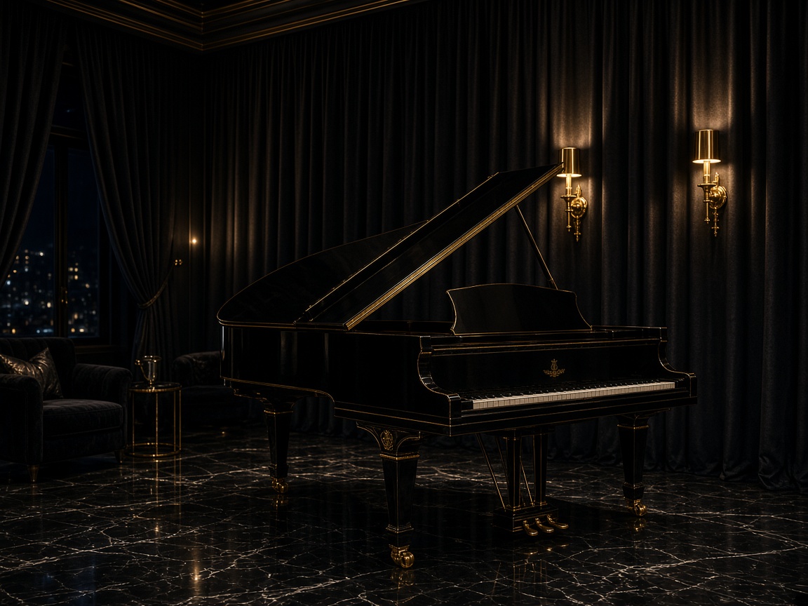 Grand piano under gold spotlight in an empty black salon